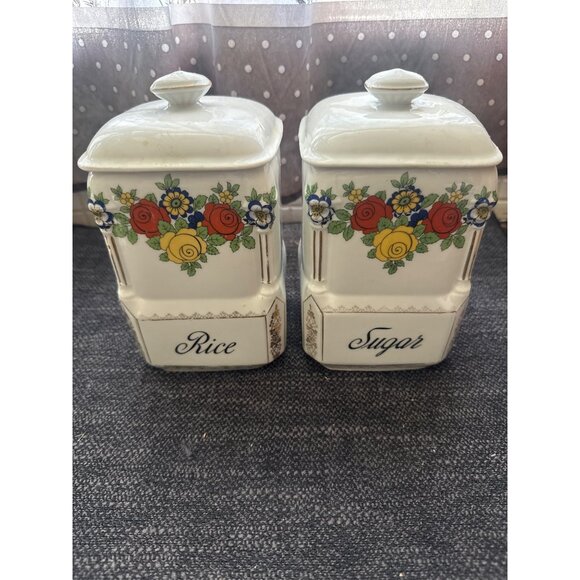 Vintage Ceramic Rice & Sugar Kitchen Canisters With Floral Design & Lids - Picture 1 of 16